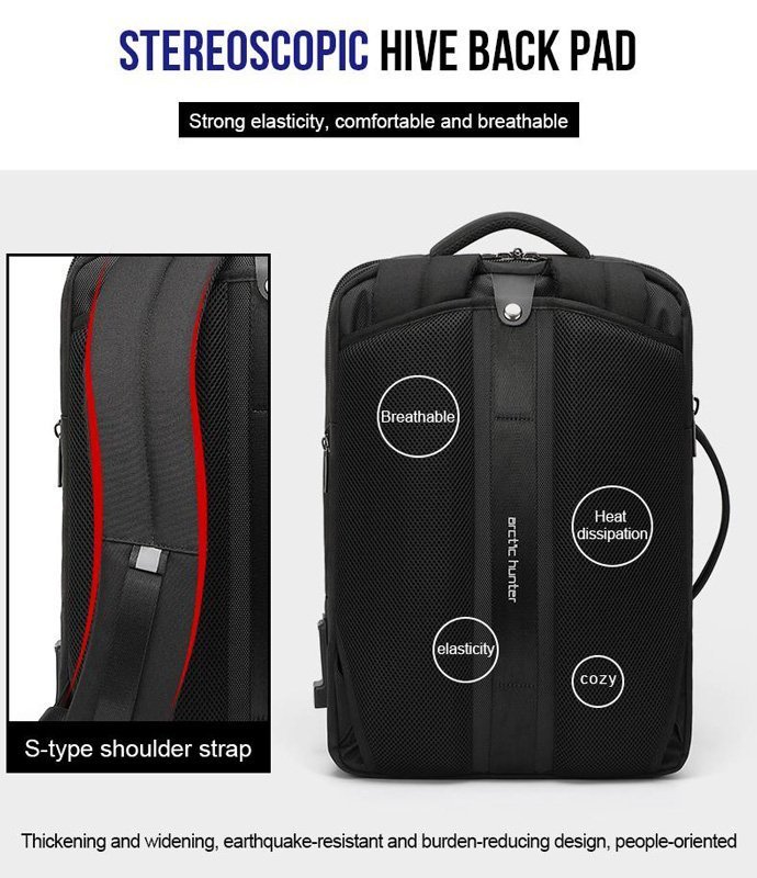 ARCTIC HUNTER τσάντα πλάτης με θήκη laptop 15.6", USB, 19-32L, μαύρη 1398 - Image 8