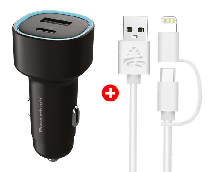 POWERTECH φορτιστής αυτοκινήτου με καλώδιο MFi USB σε micro USB/Lightning , USB & USB-C, 85W, μαύρο/λευκό