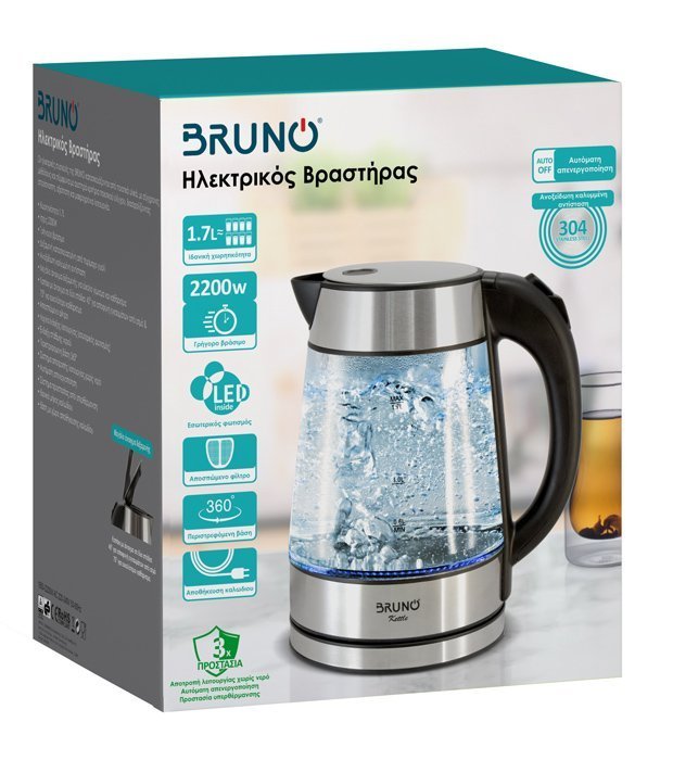 BRUNO βραστήρας νερού , 1.7L, 2200W, γυάλινος-Inox 5162 - Image 7