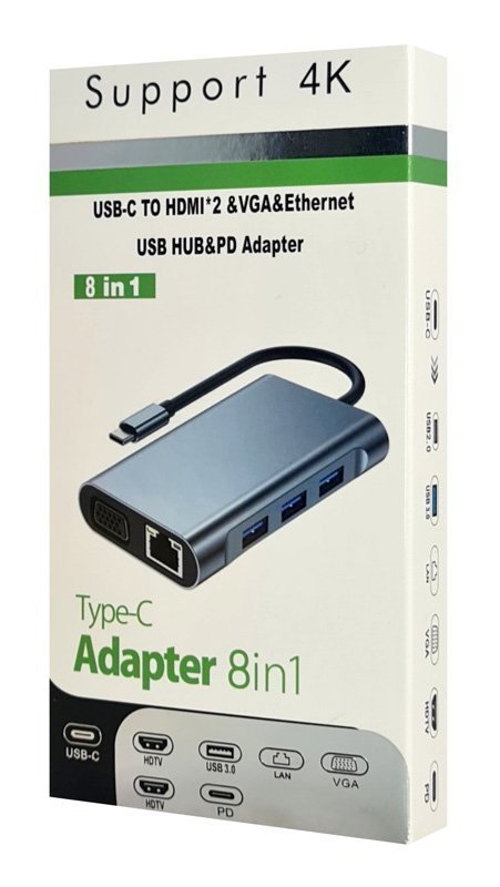 docking station 8 thyron, USB-C syndesi, 100W PD, gkri 5124 USB-C
