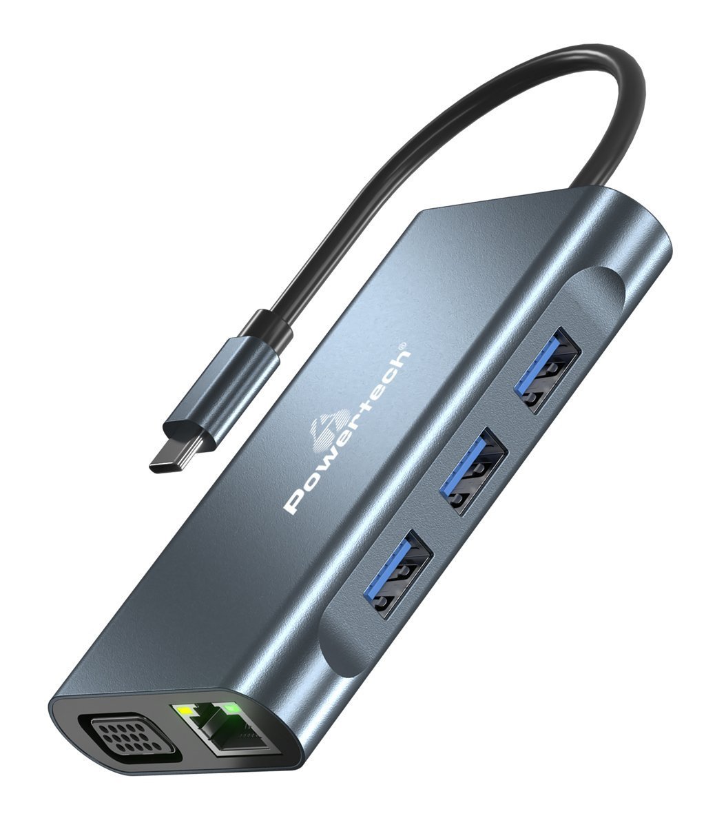 POWERTECH docking station  8 θυρών, USB-C σύνδεση, 100W PD, γκρι 5124
