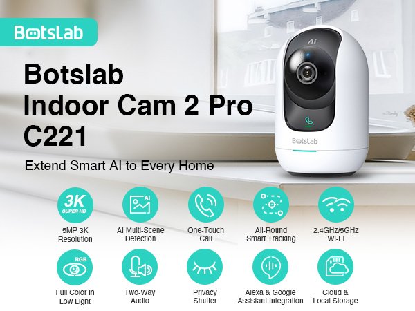 BOTSLAB smart κάμερα , 5MP/3K, WiFi, 360° PTZ, SD 6802 - Image 2