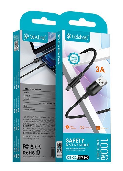 CELEBRAT καλώδιο USB-C σε USB , 3A, 1m, μαύρο 5457 - Image 3