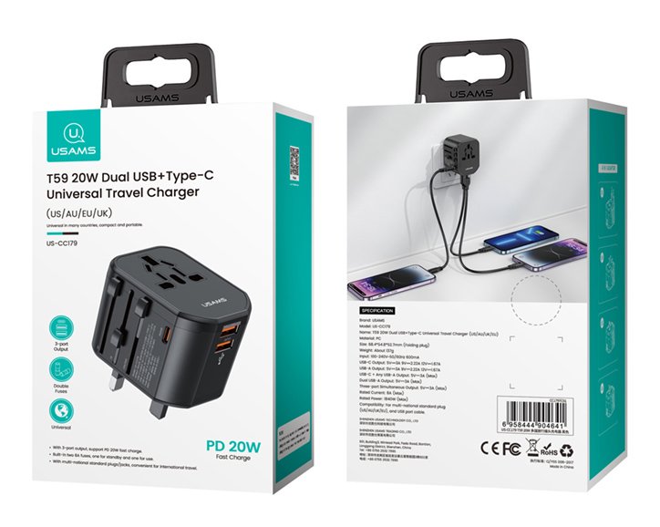 USAMS φορτιστής/αντάπτορας πρίζας US-, USB-C & 2x USB, universal, 20W, μαύρος 8075 - Image 3