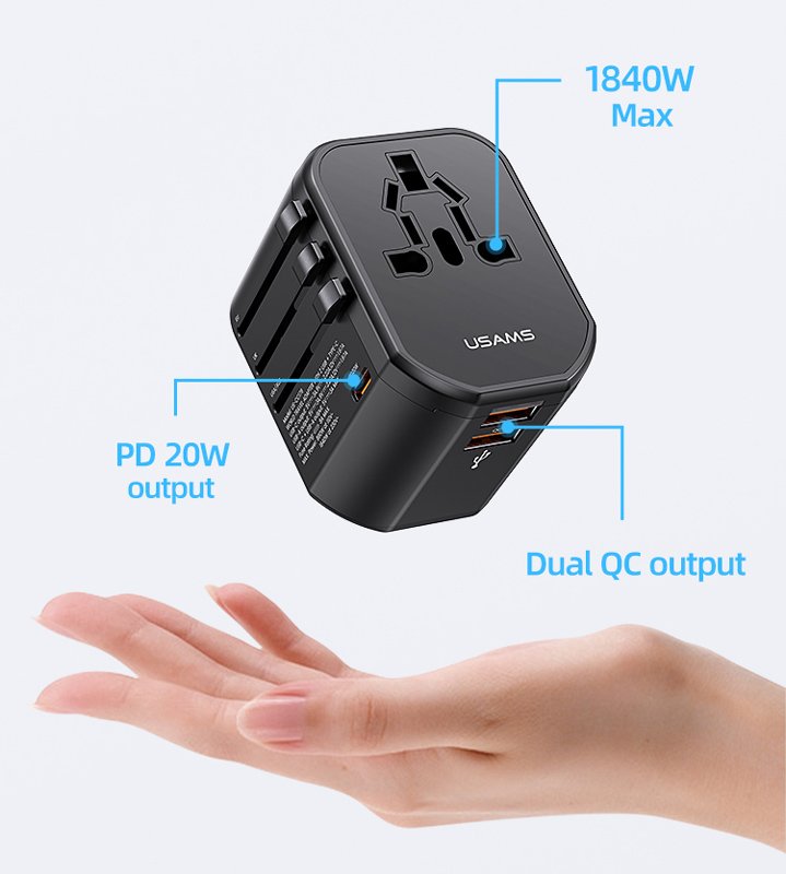 USAMS φορτιστής/αντάπτορας πρίζας US-, USB-C & 2x USB, universal, 20W, μαύρος 8075 - Image 4