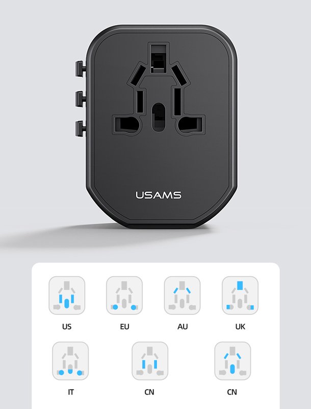 USAMS φορτιστής/αντάπτορας πρίζας US-, USB-C & 2x USB, universal, 20W, μαύρος 8075 - Image 5