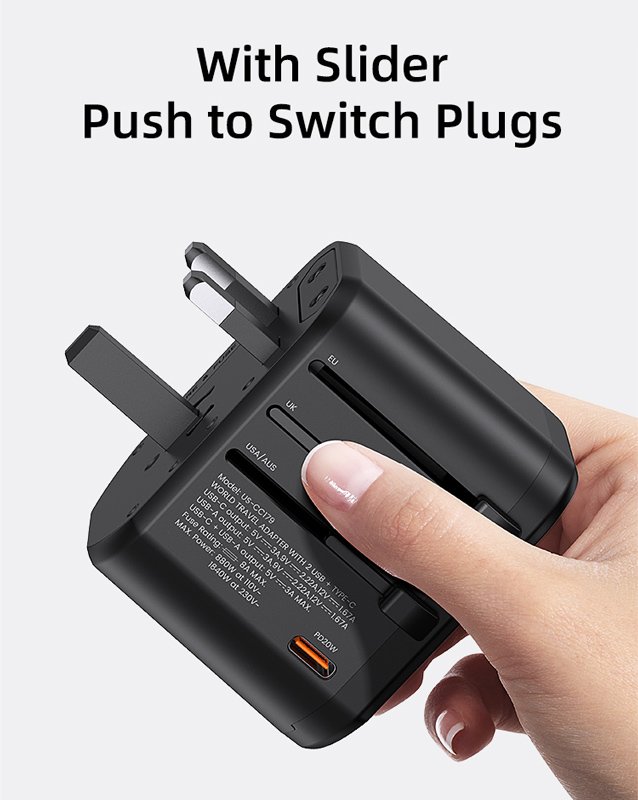 USAMS φορτιστής/αντάπτορας πρίζας US-, USB-C & 2x USB, universal, 20W, μαύρος 8075 - Image 6