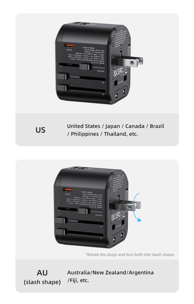 USAMS φορτιστής/αντάπτορας πρίζας US-, USB-C & 2x USB, universal, 20W, μαύρος 8075 - Image 7