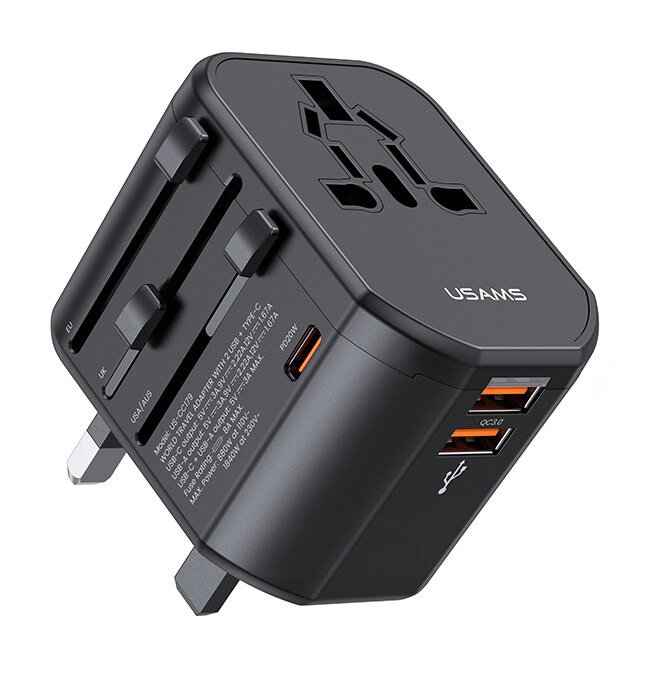 USAMS φορτιστής/αντάπτορας πρίζας US-, USB-C & 2x USB, universal, 20W, μαύρος 8075