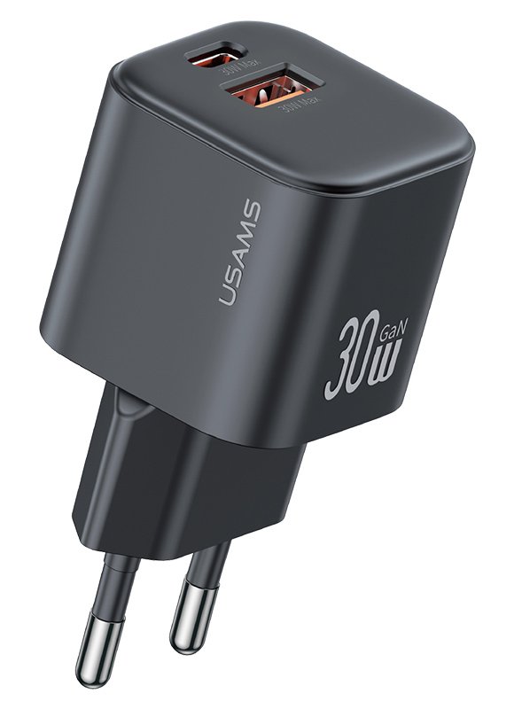 USAMS φορτιστής τοίχου , USB & USB-C, 30W, GaN, μαύρος 8986