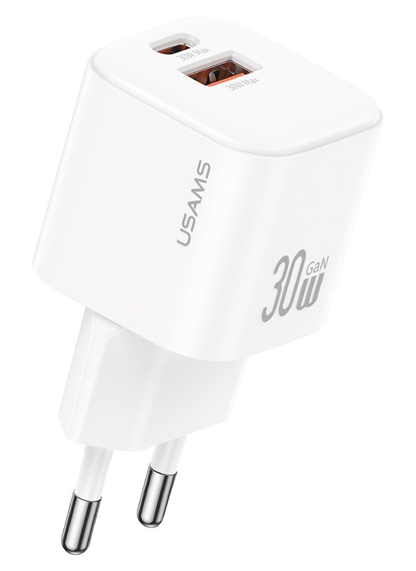 USAMS φορτιστής τοίχου , USB & USB-C, 30W, GaN, λευκός 8987