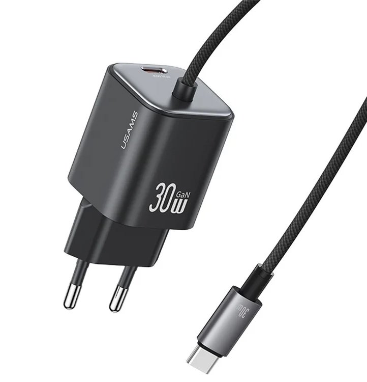 USAMS φορτιστής τοίχου με καλώδιο, USB-C, 30W, GaN, μαύρος 8077