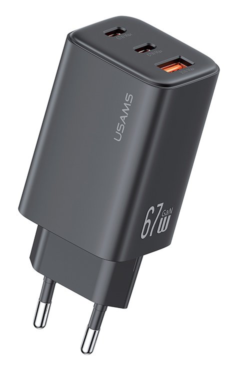 USAMS φορτιστής τοίχου , USB & 2x USB-C, 67W, GaN, μαύρος 8988