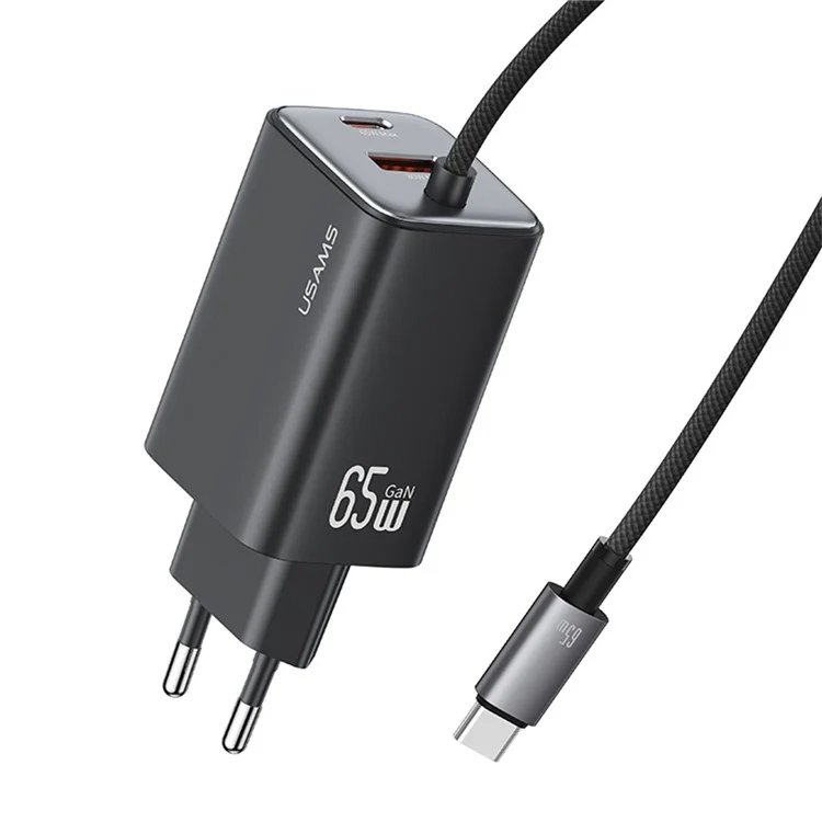 USAMS φορτιστής τοίχου με καλώδιο, USB & USB-C, 65W, GaN, μαύρος 8076