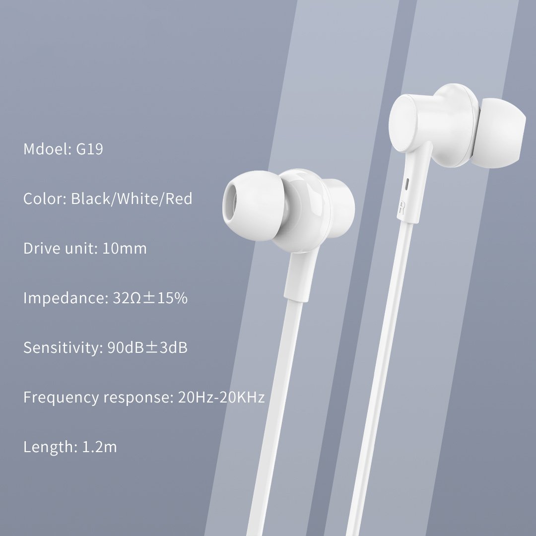 CELEBRAT earphones με μικρόφωνο G19, 3.5mm σύνδεση, Φ10mm, 1.2m, λευκά 5277 - Image 4