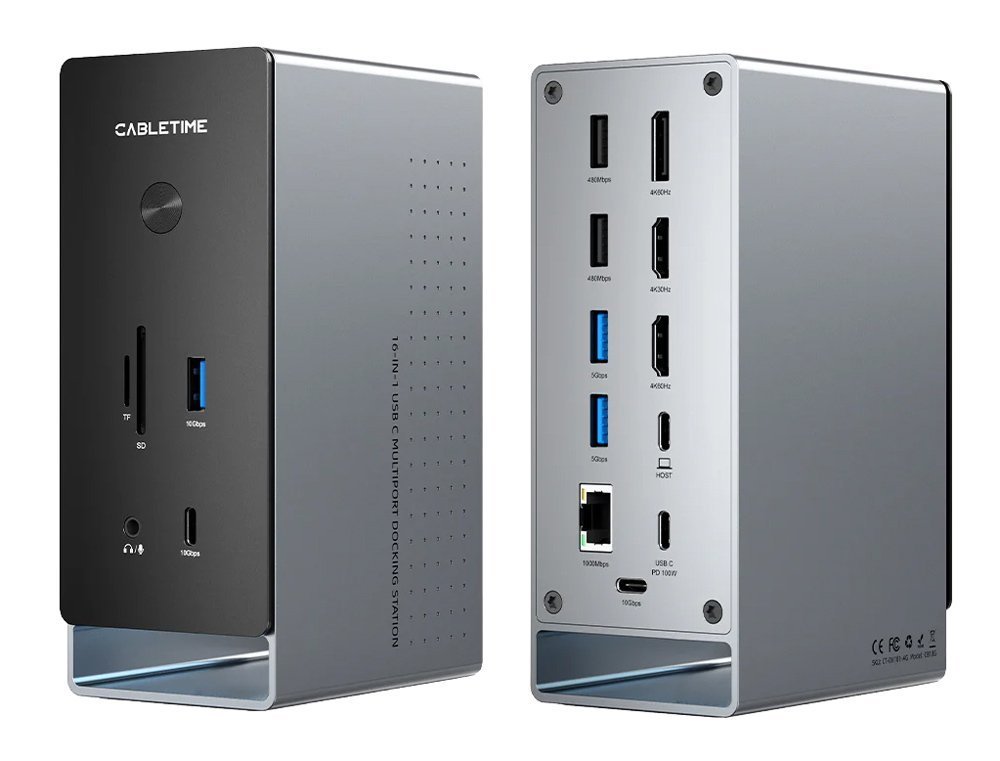 CABLETIME docking station , 16 θυρών, USB-C σύνδεση, 100W PD, 1000Mbps, MST, γκρι 9407
