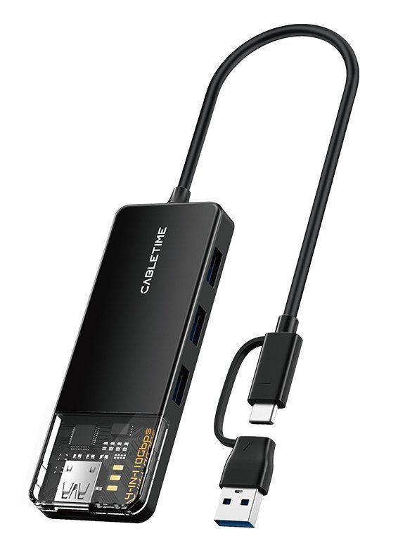 CABLETIME USB hub , 4x θυρών, 10Gbps, USB/USB-C σύνδεση, μαύρο 6734
