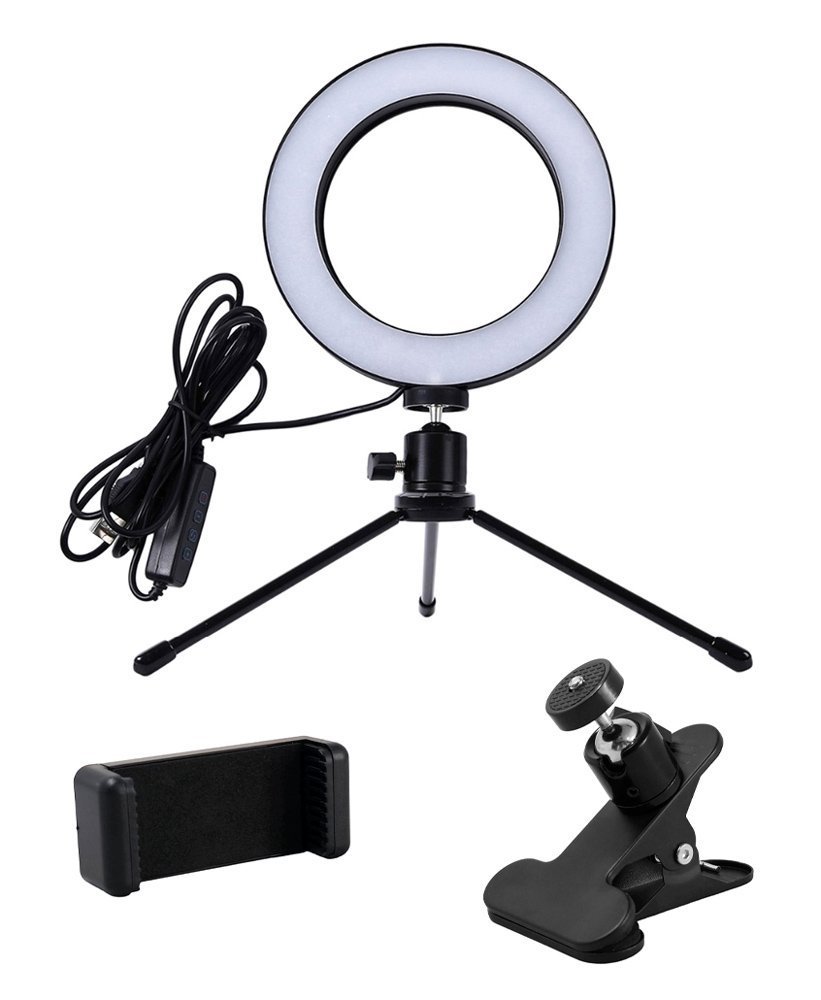 CABLETIME φωτιστικό δαχτυλίδι LED  με μίνι τρίποδα & σφιγκτήρα, βάση smartphone, Φ16cm 8506
