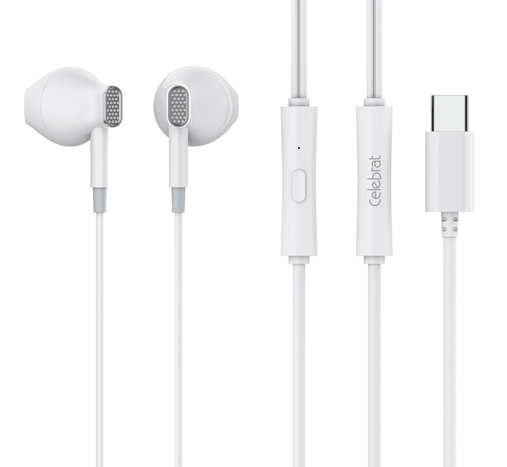 CELEBRAT earphones με μικρόφωνο , USB-C σύνδεση, Φ14.2mm, 1.2m, λευκά 5447
