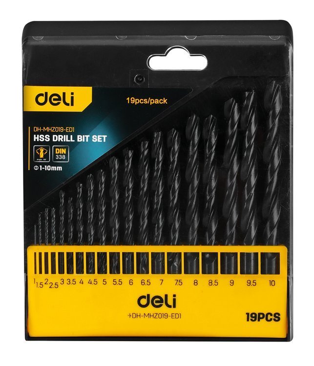 DELI σετ τρυπάνια για σίδηρο HSS, 1-10mm, DIN 338, 19τμχ 4538