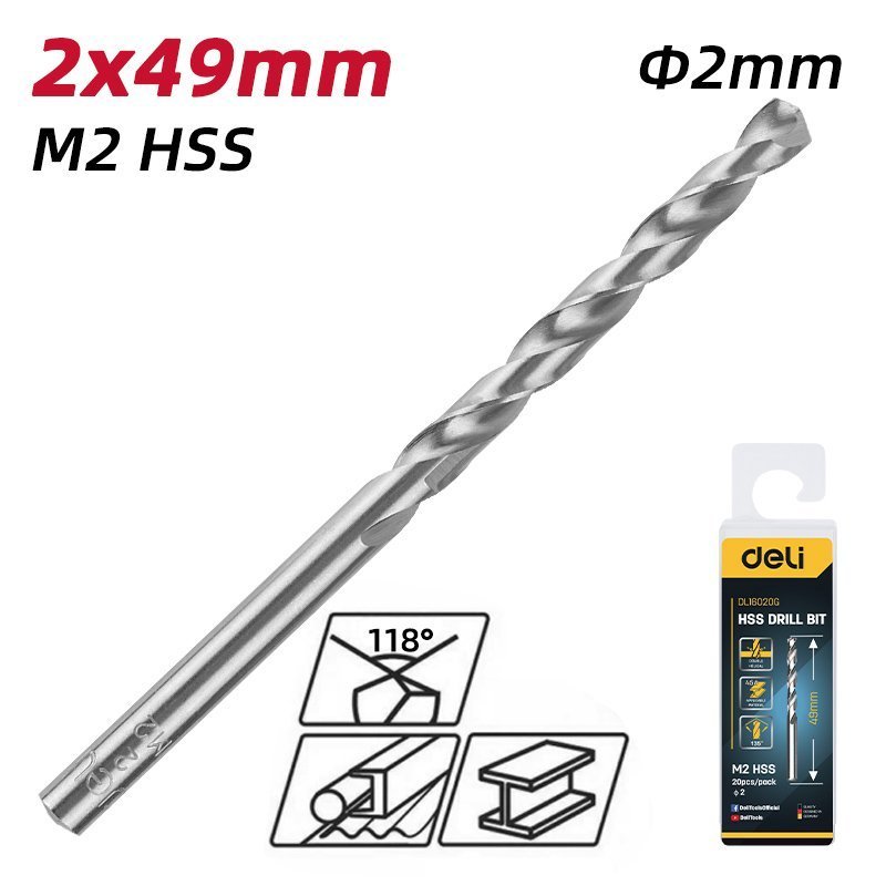 DELI σετ τρυπάνια για μέταλλο, M2 HSS, 2x49mm, κυλινδρικό, 20τμχ 8686 - Image 2