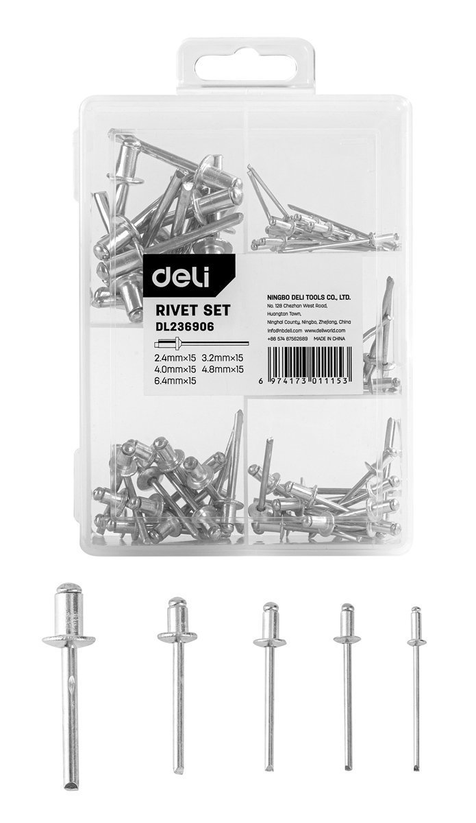 DELI σετ πριτσίνια , χάλυβας άνθρακα, 2.4-6.4mm, 75τμχ 8645