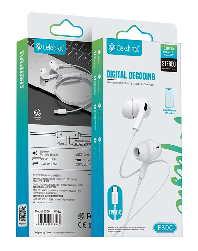 earphones me mikrofono, USB-C syndesi, F10mm, 1.2m, leyka 6341 Earphones
