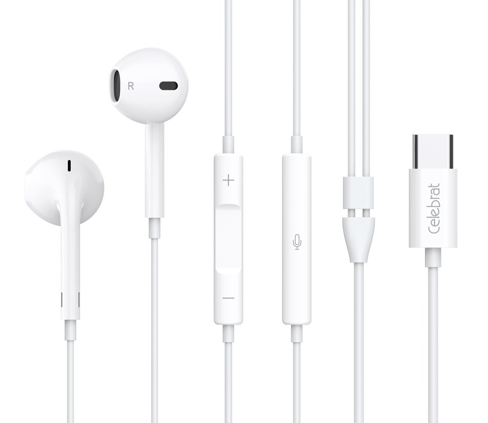 CELEBRAT earphones με μικρόφωνο , USB-C σύνδεση, Φ14mm, 1.2m, λευκά 6343