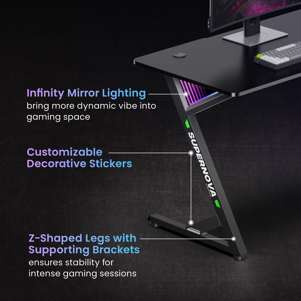 BRATECK gaming γραφείο με RGB φωτισμό, 120x60x75cm, μαύρο 8316 - Image 4