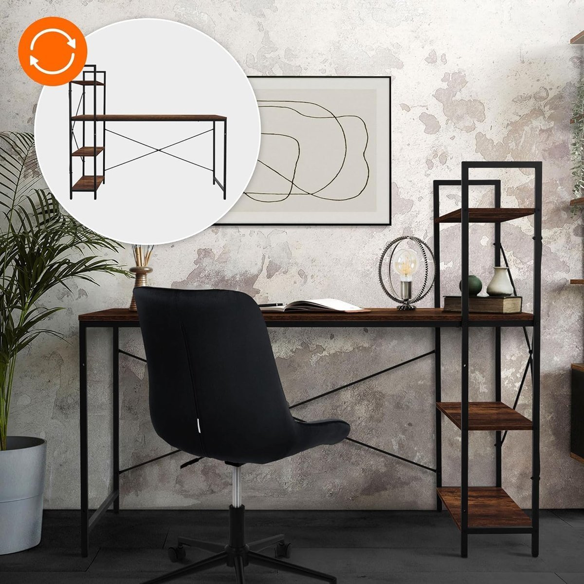 HOME USE γραφείο με ραφιέρα, 120x60x122cm, καφέ/μαύρο 8882 - Image 2