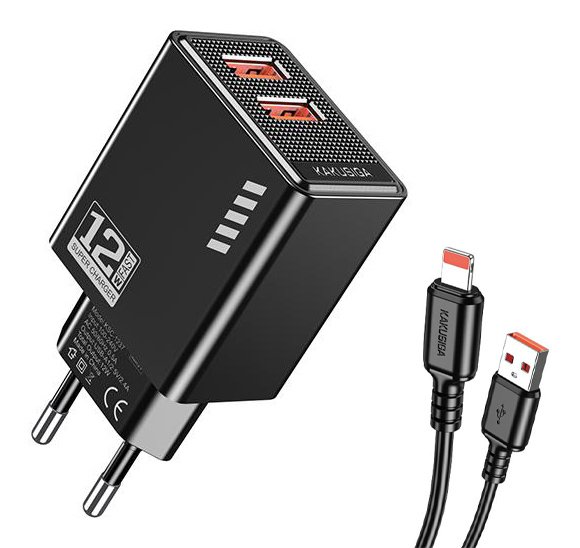 KAKUSIGA φορτιστής τοίχου  με καλώδιο Lightning, 2x USB, 12W, μαύρος 9556