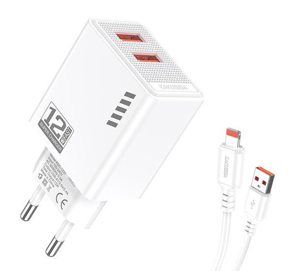 KAKUSIGA φορτιστής τοίχου  με καλώδιο Lightning, 2x USB, 12W, λευκός 9557