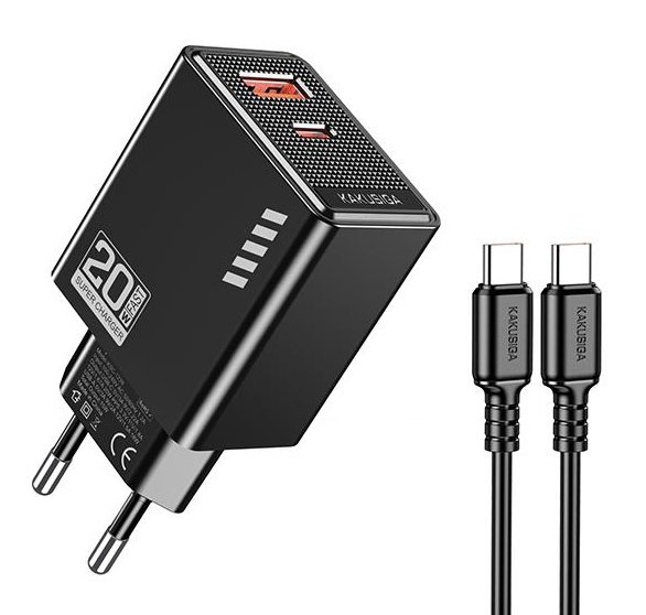 KAKUSIGA φορτιστής τοίχου  με καλώδιο USB-C, USB & USB-C, 20W, μαύρος 9563