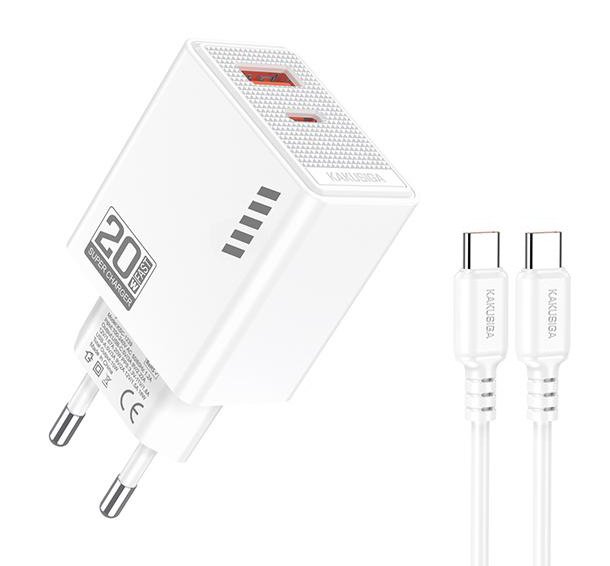 KAKUSIGA φορτιστής τοίχου  με καλώδιο USB-C, USB & USB-C, 20W, λευκός 9564