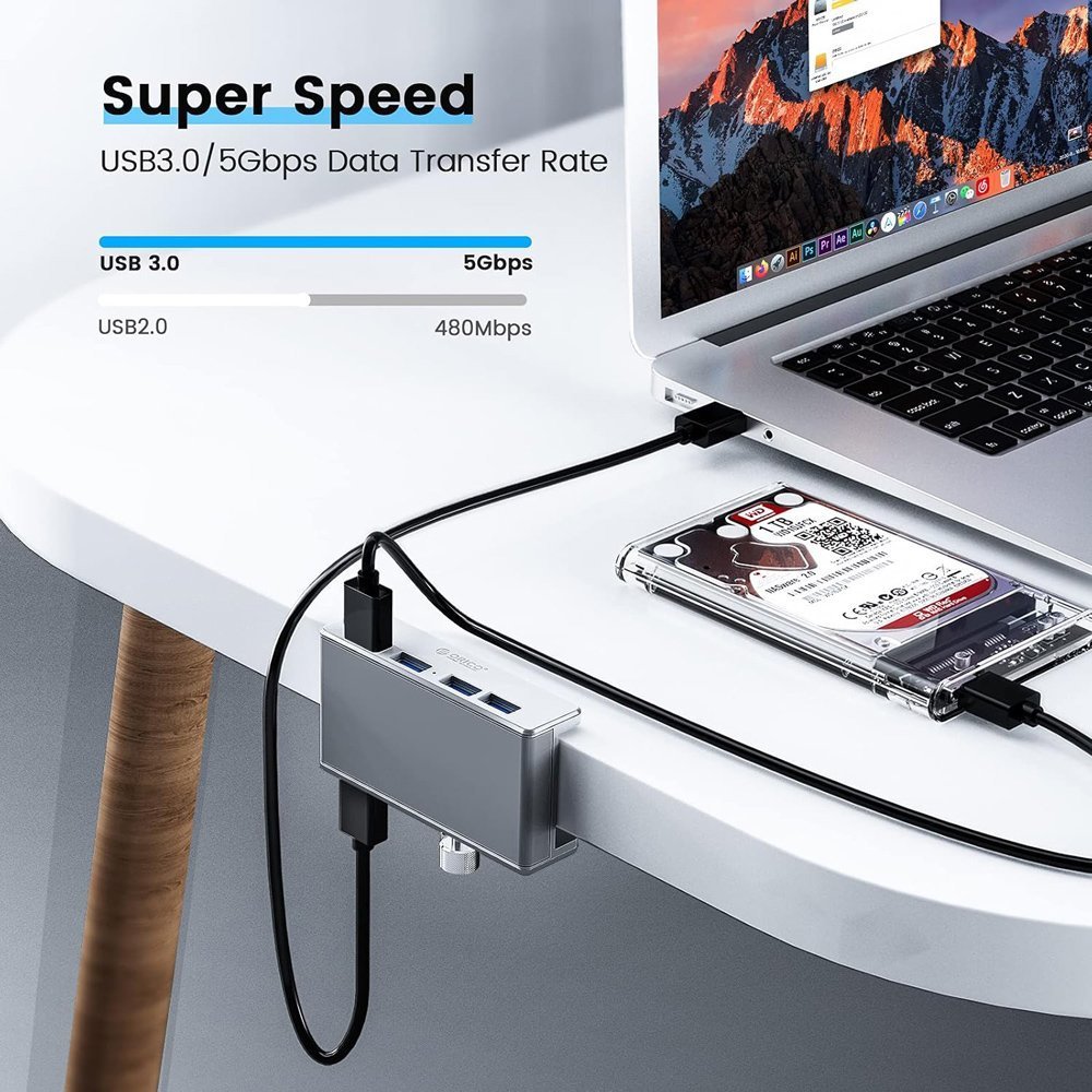 ORICO USB hub με σφιγκτήρα, 4x θυρών, 5Gbps, USB σύνδεση, ασημί 8446 - Image 2