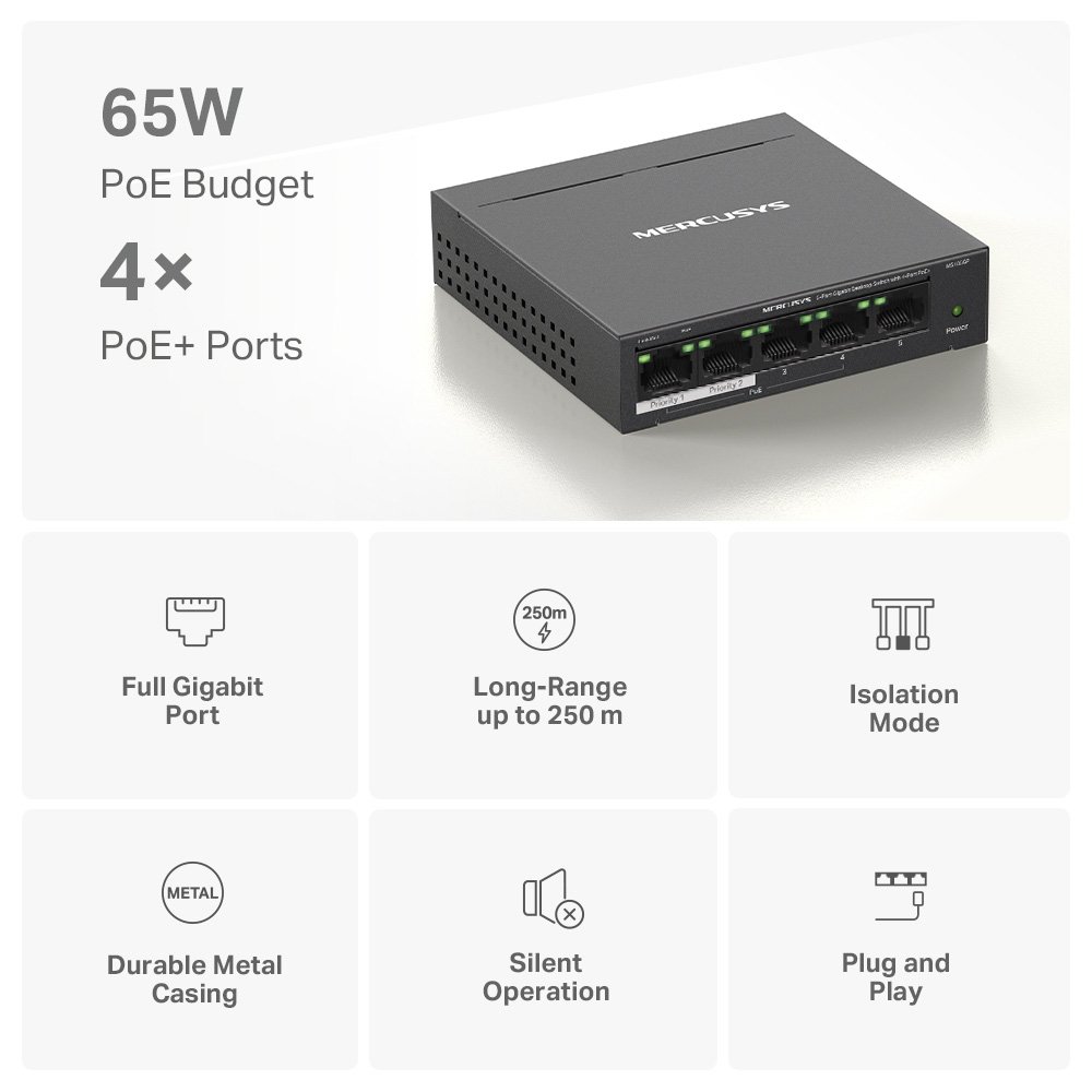 MERCUSYS Desktop Switch , 5x 10/100/1000 Mbps, PoE+, Ver. 1.0 5536 - Image 2