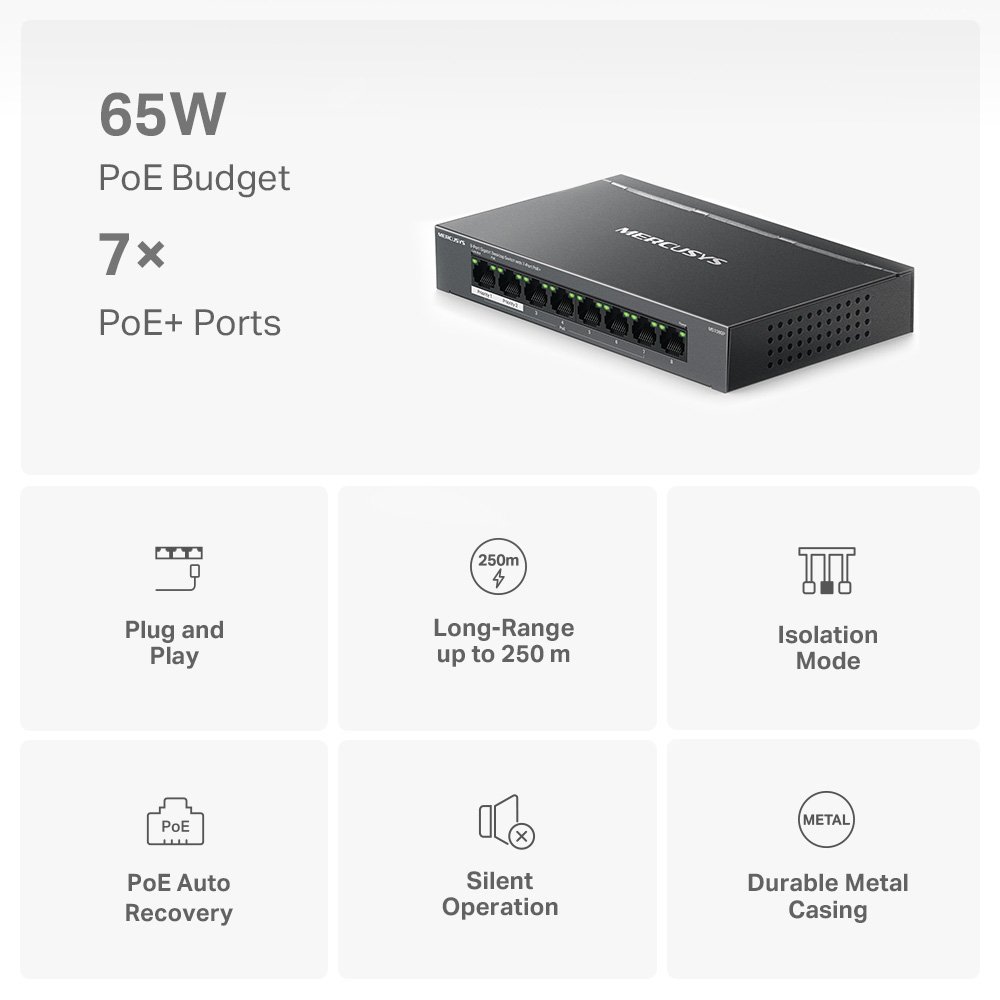 MERCUSYS Desktop Switch , 8x 10/100/1000 Mbps, PoE+, Ver. 1.0 5537 - Image 2