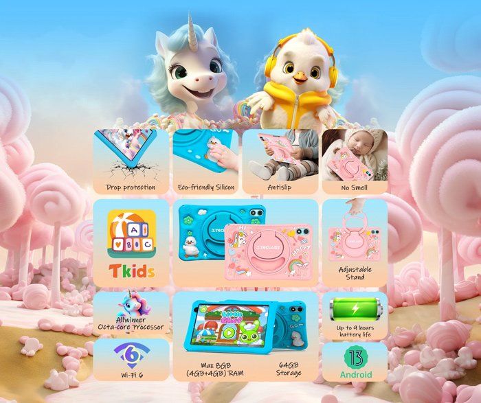tablet Kids, 8" HD, 4/64GB, Android 14, 5000mAh, mple 6304 8