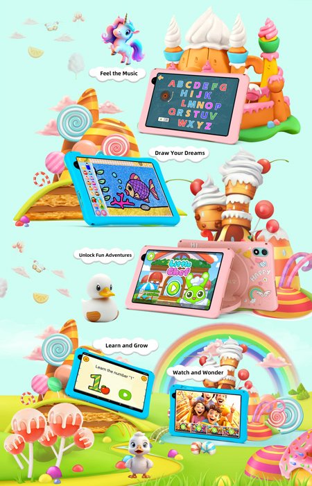 tablet Kids, 8" HD, 4/64GB, Android 14, 5000mAh, mple 6304 8
