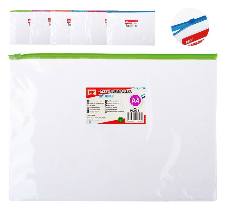 MP διάφανος φάκελος με zip , Α4 21 x 29.7cm, διάφορα χρώματα 1550