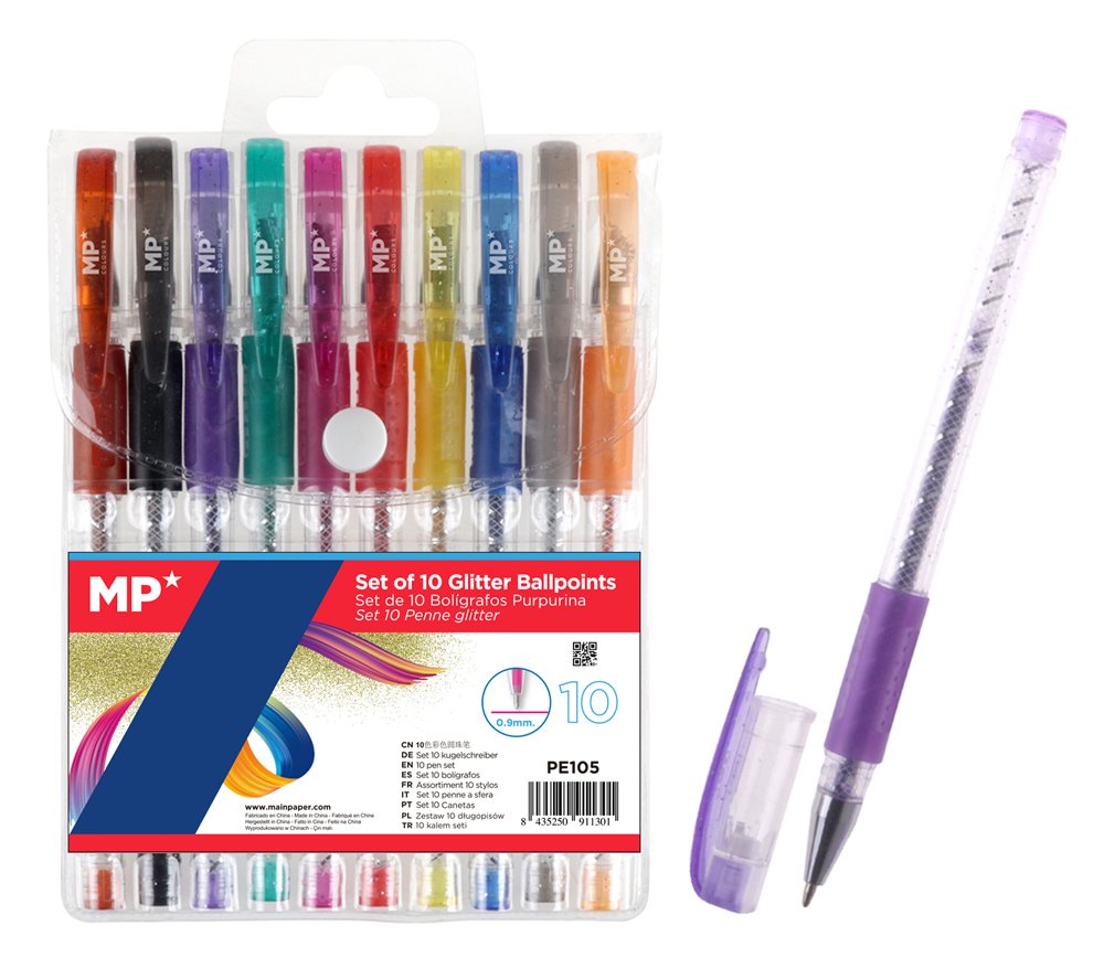 MP σετ στυλό διαρκείας ballpoint  με glitter, 0.9mm, διάφορα χρώματα, 10τμχ
