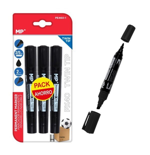 MP ανεξίτηλος μαρκαδόρος , με 2x μύτες 2/5mm & 2mm, μαύρος, 3τμχ 3201