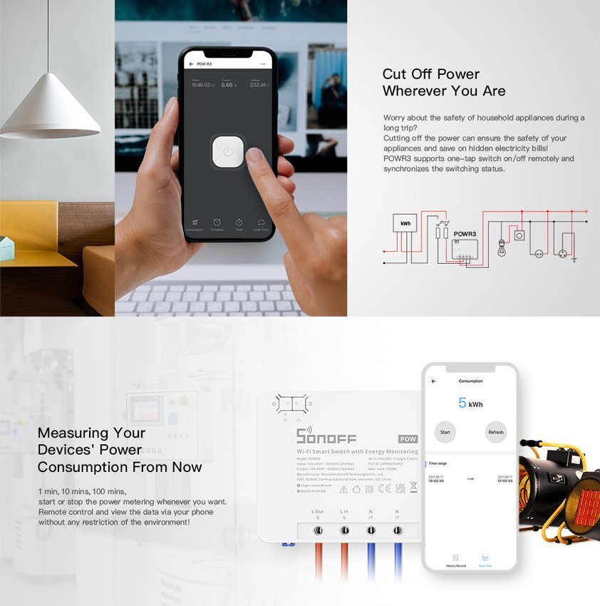 SONOFF smart διακόπτης παρακολούθησης ισχύος , WiFi, 25A, λευκός 3209 - Image 5