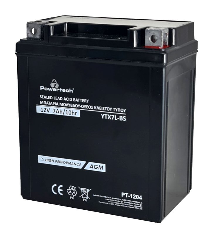 POWERTECH μπαταρία μολύβδου μοτοσυκλέτας , 12V 7Ah, AGM, YTX7L-BS 6379