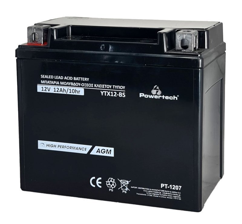 POWERTECH μπαταρία μολύβδου μοτοσυκλέτας , 12V 12Ah AGM, YTX12-BS 6382