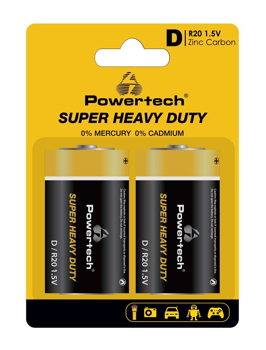 POWERTECH μπαταρίες Zinc Carbon Super Heavy Duty , R20 1.5V, 2τμχ 6401