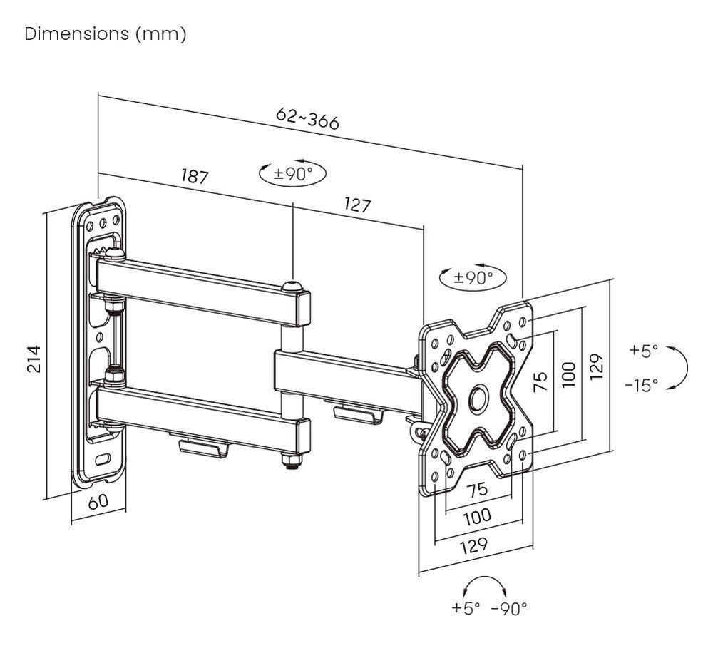 POWERTECH επιτοίχια βάση τηλεόρασης , 13-32", έως 20kg, full motion 6874 - Image 3