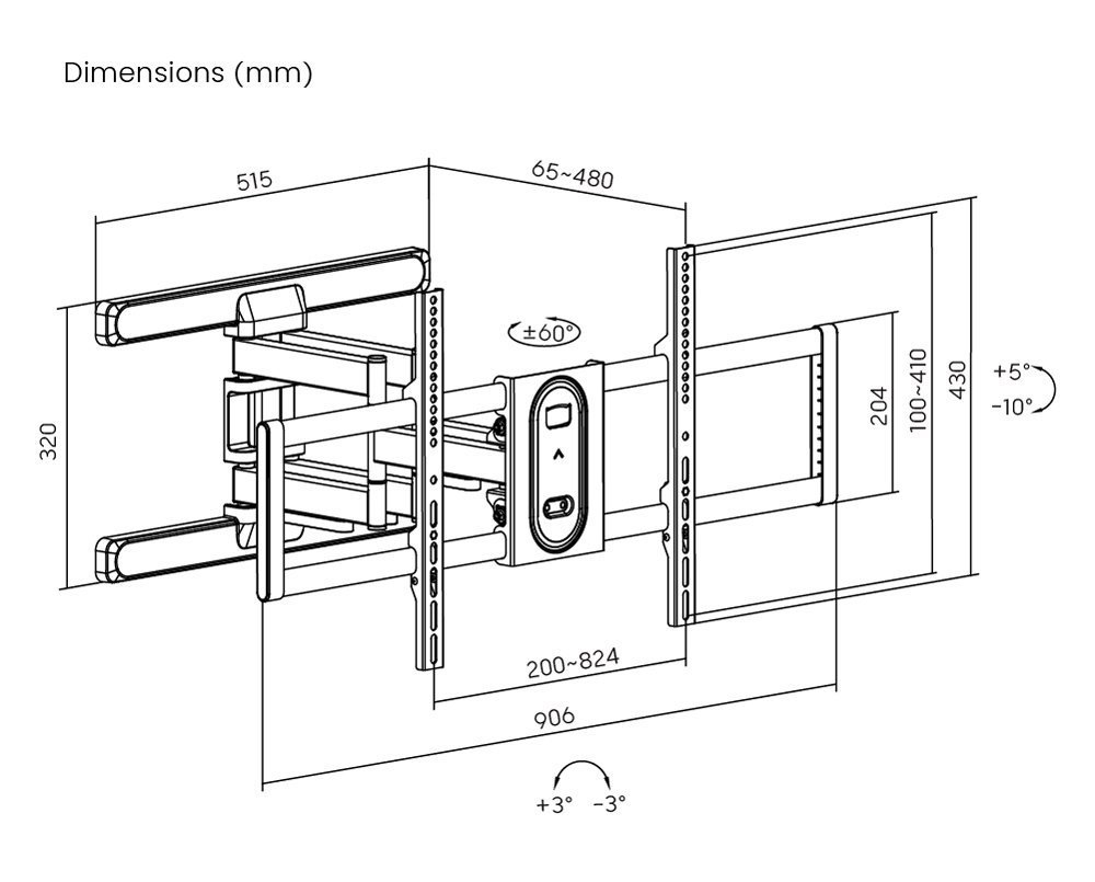 POWERTECH επιτοίχια βάση τηλεόρασης , 43-100", έως 60kg, full motion 6875 - Image 3