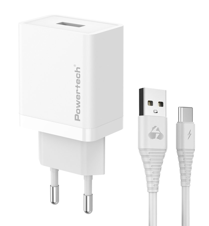 POWERTECH φορτιστής τοίχου  με καλώδιο USB-C, USB, 12W, λευκός 7310