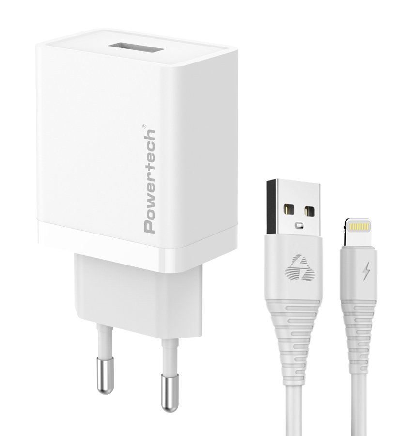 POWERTECH φορτιστής τοίχου  με καλώδιο Lightning, USB, 12W, λευκός 7311